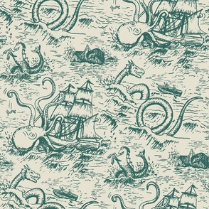 Large-Scale Mythical Sea Creatures Toile de Jouy in Teal