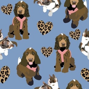  Cocker Spaniel, 2 cats and leopard print hearts blue background