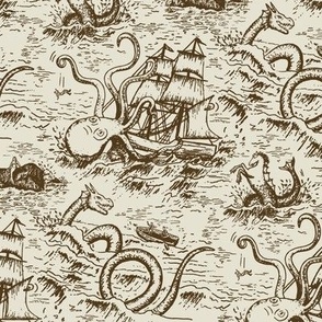 Small-Scale Mythical Sea Creatures Toile de Jouy in Brown