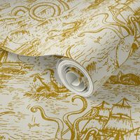 Small-Scale Mythical Sea Creatures Toile de Jouy in Gold