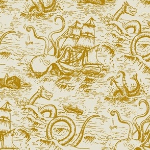 Small-Scale Mythical Sea Creatures Toile de Jouy in Gold