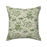 Small-Scale Mythical Sea Creatures Toile de Jouy in Green