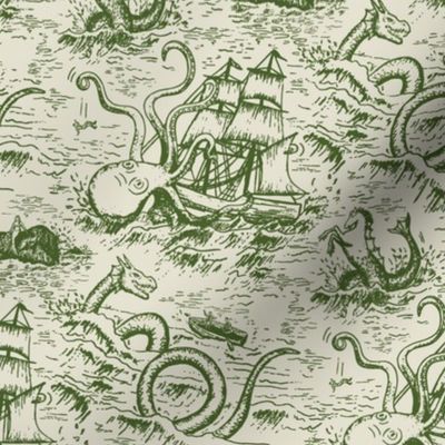 Small-Scale Mythical Sea Creatures Toile de Jouy in Green