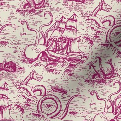 Small-Scale Mythical Sea Creatures Toile de Jouy in Magenta