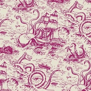 Small-Scale Mythical Sea Creatures Toile de Jouy in Magenta