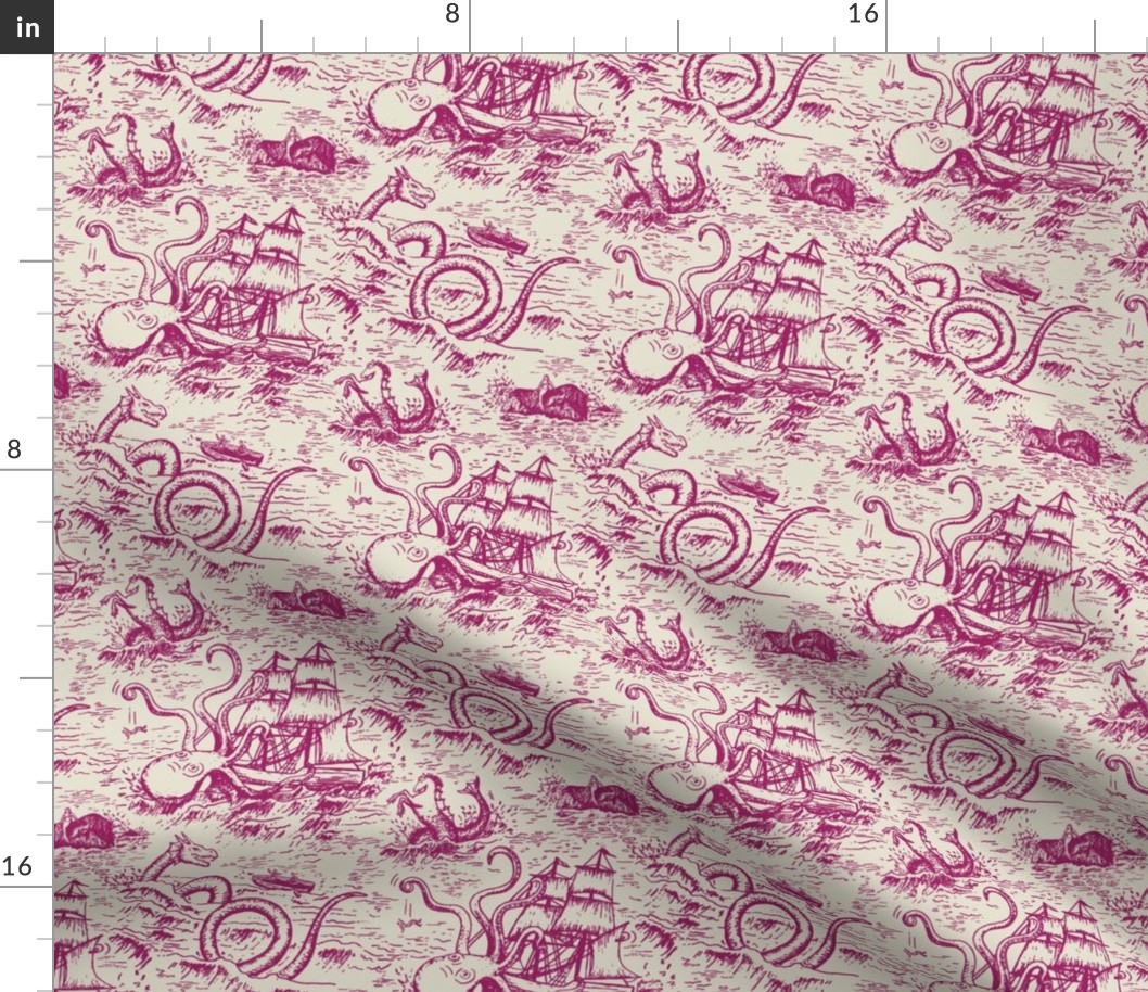 Small-Scale Mythical Sea Creatures Toile de Jouy in Magenta