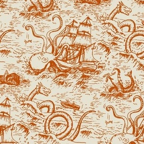 Small-Scale Mythical Sea Creatures Toile de Jouy in Orange