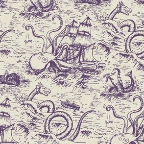 Small-Scale Mythical Sea Creatures Toile de Jouy in Purple