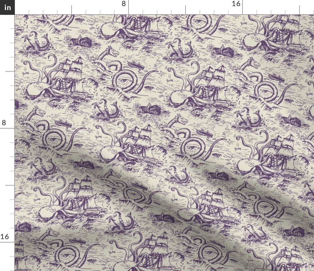 Small-Scale Mythical Sea Creatures Toile de Jouy in Purple