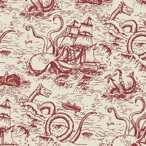 Small-Scale Mythical Sea Creatures Toile de Jouy in Red