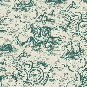 Small-Scale Mythical Sea Creatures Toile de Jouy in Teal
