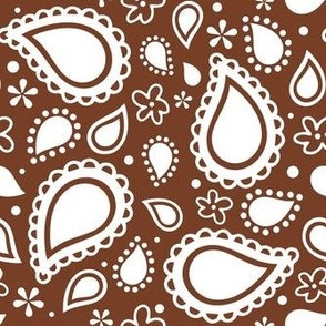 Medium Scale Playful Paisley Bandana White on Cinnamon Brown