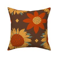 Orange and gold sunflowers on brown large
