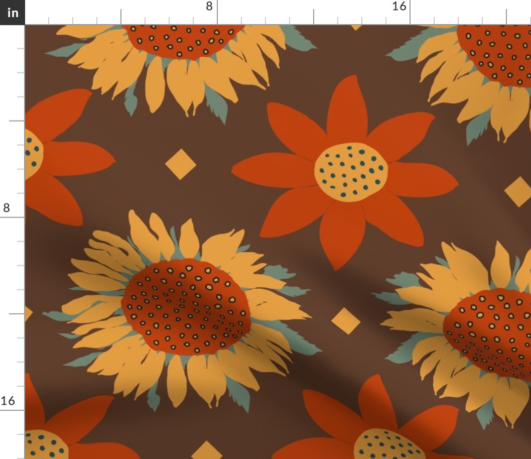 Orange and gold sunflowers on brown large