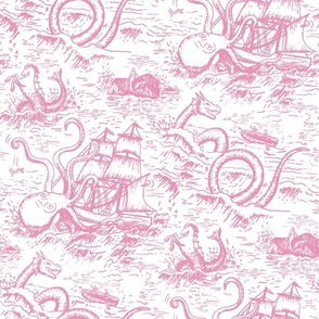 Large-Scale Pink Mythical Sea Creatures Toile de Jouy