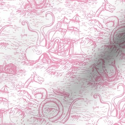 Small-Scale Pink Mythical Sea Creatures Toile de Jouy
