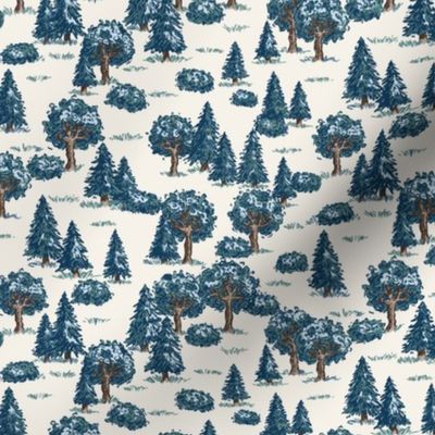 Vintage Illustrated Forest Trees - Medium scale - cream and blue