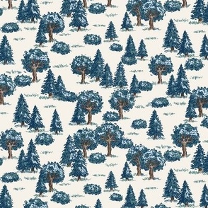 Vintage Illustrated Forest Trees - Medium scale - cream and blue