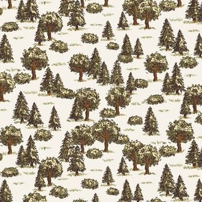 Vintage Illustrated Forest Trees - medium scale - cream and green retro
