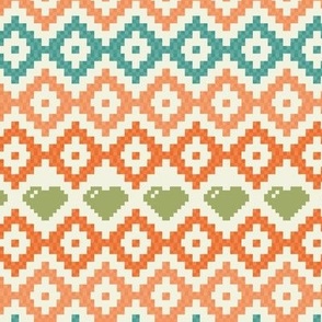 Large // Vintage 70s 80s aztec diamonds and hearts in Orange, Blue and Green