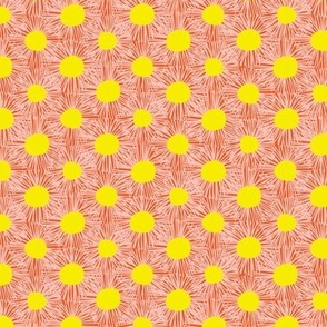 Fleabane Daisy Dots in Pink and Yellow on Red
