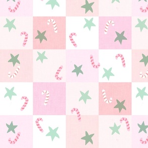 Pink and green christmas stars and candy canes on pink check festive holidays