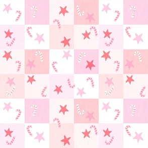 Pink christmas stars and candy canes on pastel pink check festive holidays