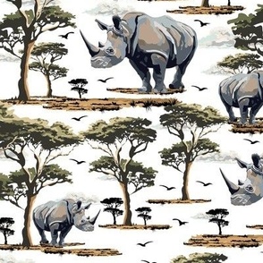 Rhinoceros On Safari, Wild Animal Rhinoceros Print, Endangered Species, African Wilderness Green Acacia Trees (Medium Scale)