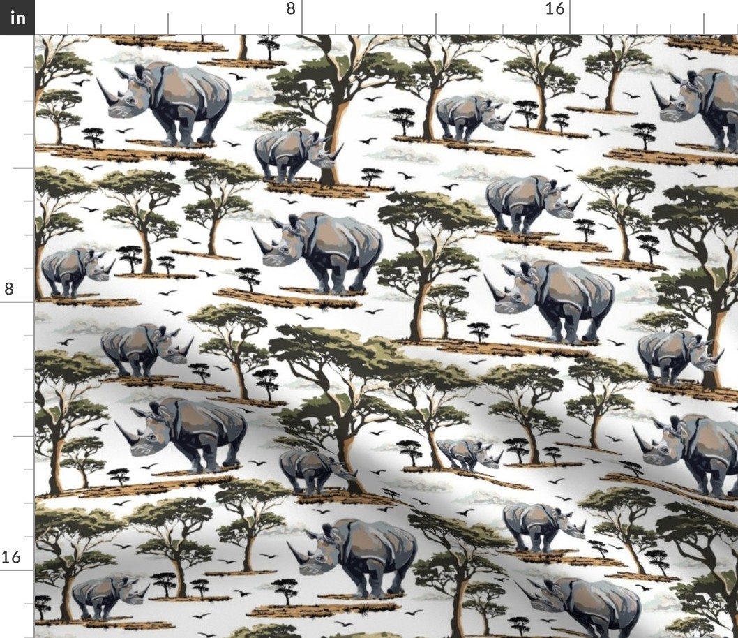 Rhinoceros On Safari, Wild Animal Rhinoceros Print, Endangered Species, African Wilderness Green Acacia Trees (Medium Scale)
