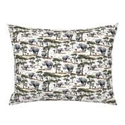 Safari Animal Wildlife, Wild Animal Rhinoceros Print, Endangered Species, African Wilderness Green Acacia Trees (Small Scale)