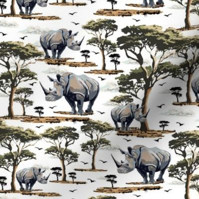 Safari Animal Wildlife, Wild Animal Rhinoceros Print, Endangered Species, African Wilderness Green Acacia Trees (Small Scale)