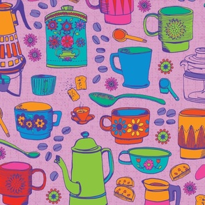 (M) Coffee Time in Mauve. Colorful, hand-drawn, retro print for kitchen, dining textiles