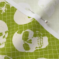 Spooky Skulls in Bone on Acid Green with Netting