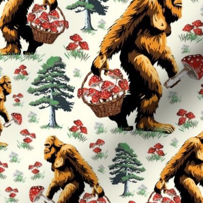 Mythical Sasquatch Collecting Forest Mushrooms, Whimsical Creature Foraging Red and White Toadstool, Humorous Bigfoot Yeti Monster, Hilarious Sasquatch in Forest Collecting Mushrooms, Humorous Bigfoot Yeti Monster Big Foot Foraging Pine Tree Forest Medium