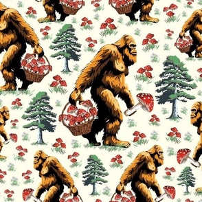 Mythical Sasquatch Collecting Forest Mushrooms, Whimsical Creature Foraging Red and White Toadstool, Humorous Bigfoot Yeti Monster, Hilarious Sasquatch in Forest Collecting Mushrooms, Humorous Bigfoot Yeti Monster Big Foot Foraging Pine Tree Forest Medium