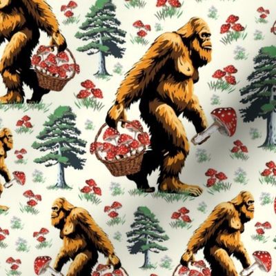 Funny Sasquatch in Forest Collecting Mushrooms, Whimsical Creature Foraging Red and White Toadstool, Humorous Bigfoot Yeti Monster, Kids' Bigfoot Adventure Camp, Yeti Scavenger Hunt Excursions, Sasquatch Trailblazing Tales, Young Explorers with Bigfoot