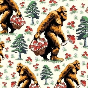 Funny Sasquatch in Forest Collecting Mushrooms, Whimsical Creature Foraging Red and White Toadstool, Humorous Bigfoot Yeti Monster, Kids' Bigfoot Adventure Camp, Yeti Scavenger Hunt Excursions, Sasquatch Trailblazing Tales, Young Explorers with Bigfoot