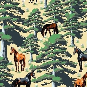 Horse Lover Forest Tree Scene, Black Brown Chestnut Wild Horses Landscape on Yellow (Medium Scale)
