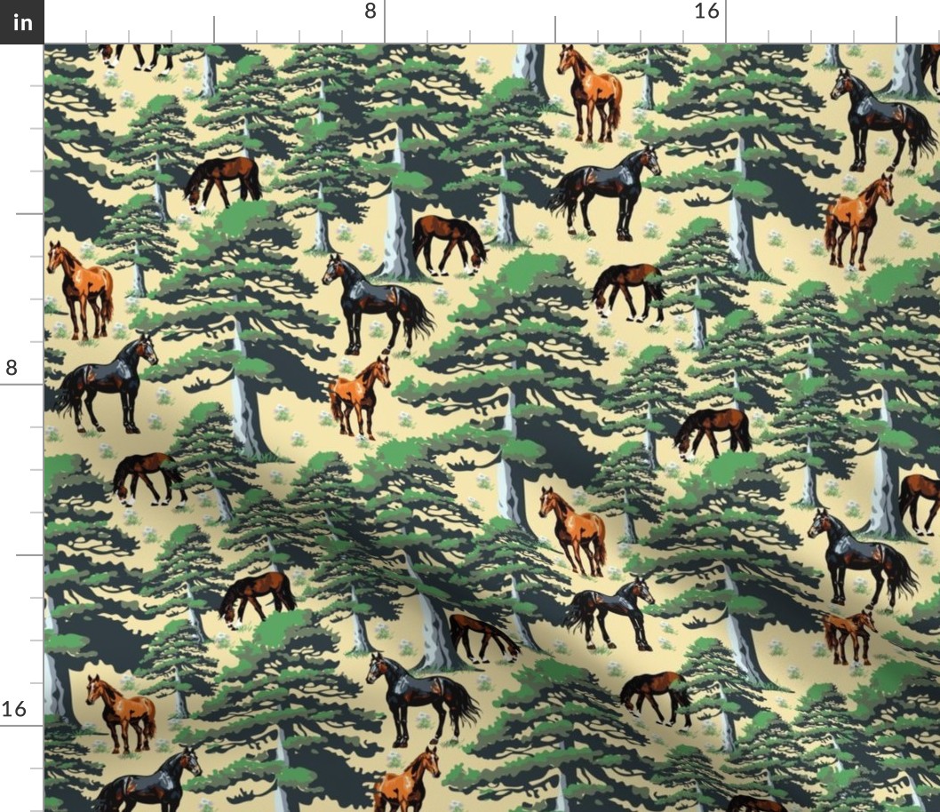 Horse Lover Forest Tree Scene, Black Brown Chestnut Wild Horses Landscape on Yellow (Medium Scale)