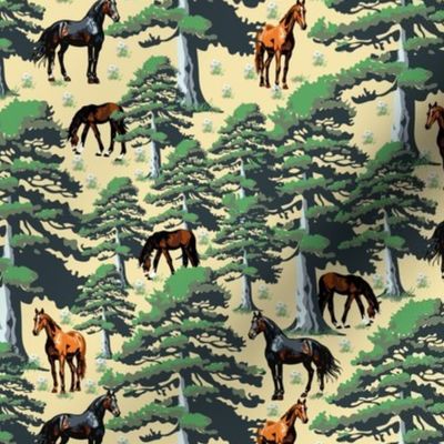 Wild Horses Woodland Forest Tree Scene, Black Brown Chestnut Wild Horse Landscape on Yellow (Small Scale)