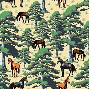 Wild Horses Woodland Forest Tree Scene, Black Brown Chestnut Wild Horse Landscape on Yellow (Small Scale)