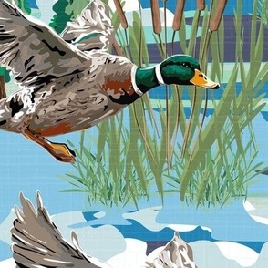 Emerald Green Blue Lakeside Cabin Flying Birds Migrating, Emerald Green Mallard Ducks Migration Scene, Freshwater Bulrush Riverbed (Large Scale)