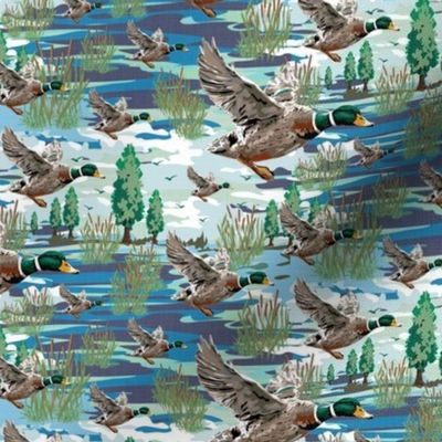 Colorful Green Blue Lakeside Cabin Flying Birds Migrating, Emerald Green Mallard Ducks Migration Scene, Freshwater Bulrush Riverbed (Small Scale)