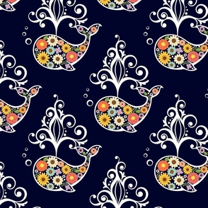 damask whale with splash - navy