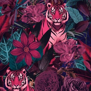 Fancy Jungle Opulence With Tigers Pink Burgundy And Teal Large Scale
