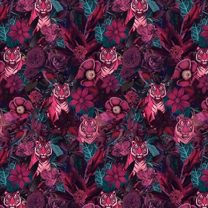 Fancy Jungle Opulence With Tigers Pink Burgundy And Teal Smaller Scale