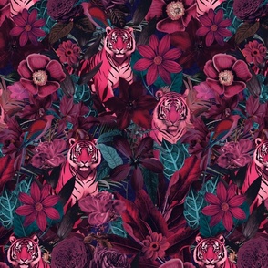 Fancy Jungle Opulence With Tigers Pink Burgundy And Teal Medium Scale