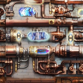 loft, pipes, valves, glowing crystals, steampunk, 
