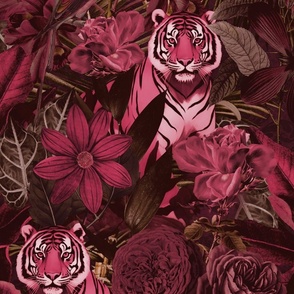Fancy Jungle Opulence With Tigers Burgundy And Pink Large Scale