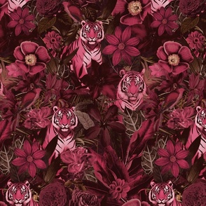 Fancy Jungle Opulence With Tigers Burgundy And Pink Medium Scale